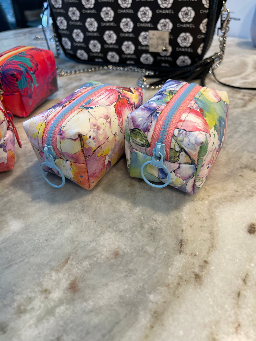 Small Pouch White Multi with light blue zipper